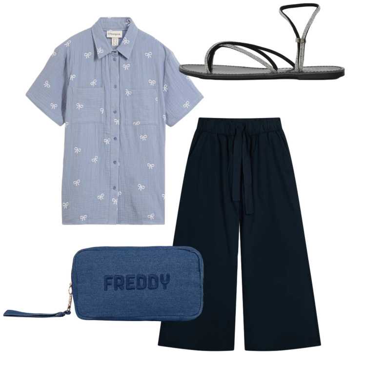 Outfit donna - Total look. Stile Bon Ton per Tutti i giorni. Abbinamento con camicie a manica corta, sandali, pochette, pantaloni.