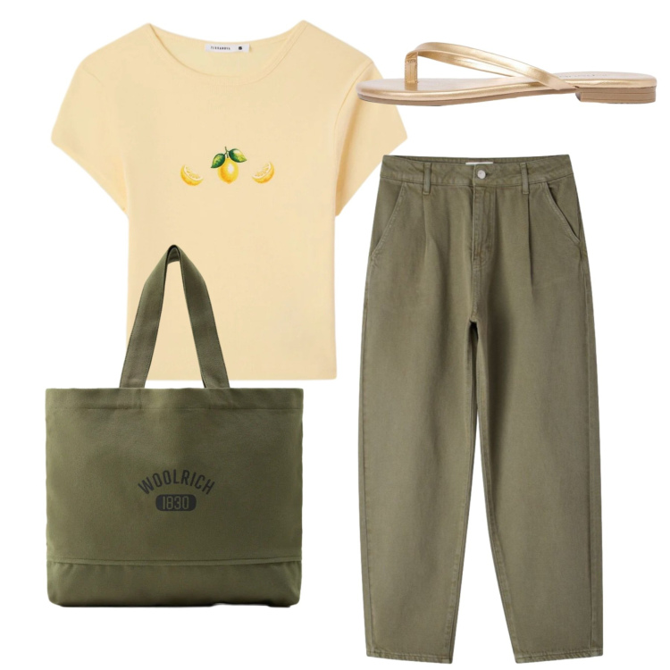 Outfit donna - Total look. Stile Casual per Tutti i giorni. Abbinamento con sandali, pantaloni, t-shirt, borse tote.