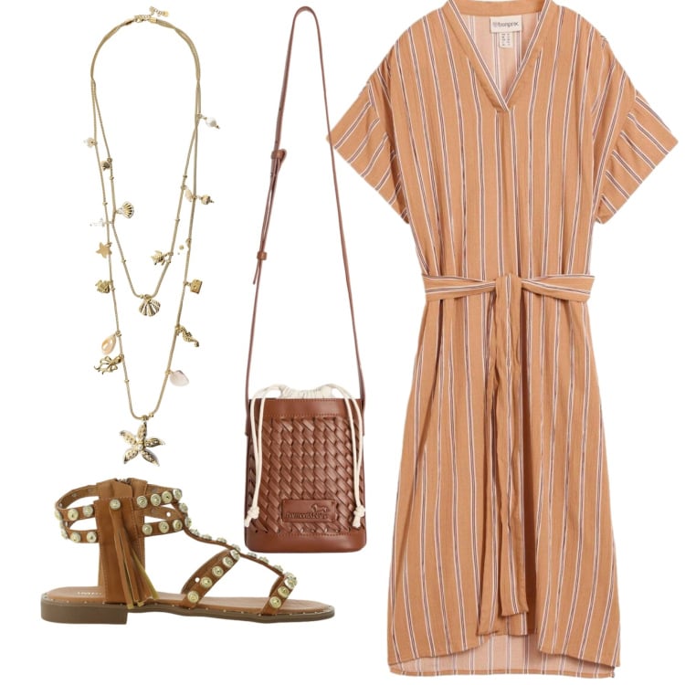 Outfit donna - Total look. Stile Etnico per Tutti i giorni. Abbinamento con caftani, borse a secchiello, sandali, collane.