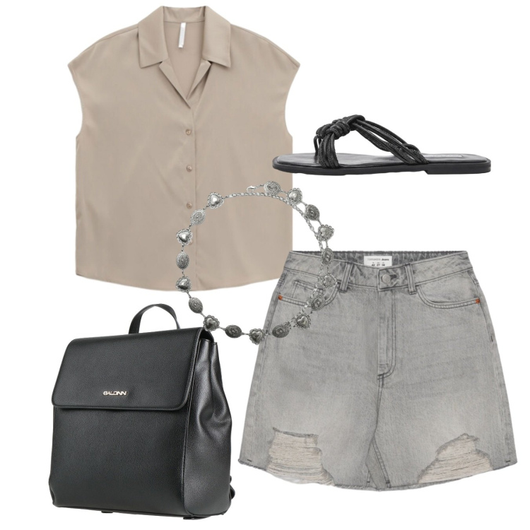Outfit donna - Total look. Stile Casual chic per Tutti i giorni. Abbinamento con zaini, cinture, shorts, sandali, camicie a manica corta.