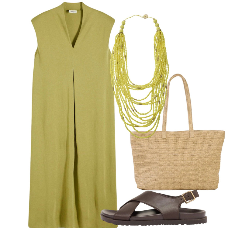 Outfit donna - Giugno. Stile Bon Ton per Tutti i giorni. Abbinamento con vestiti, shopping bag, sandali in pelle, collane.