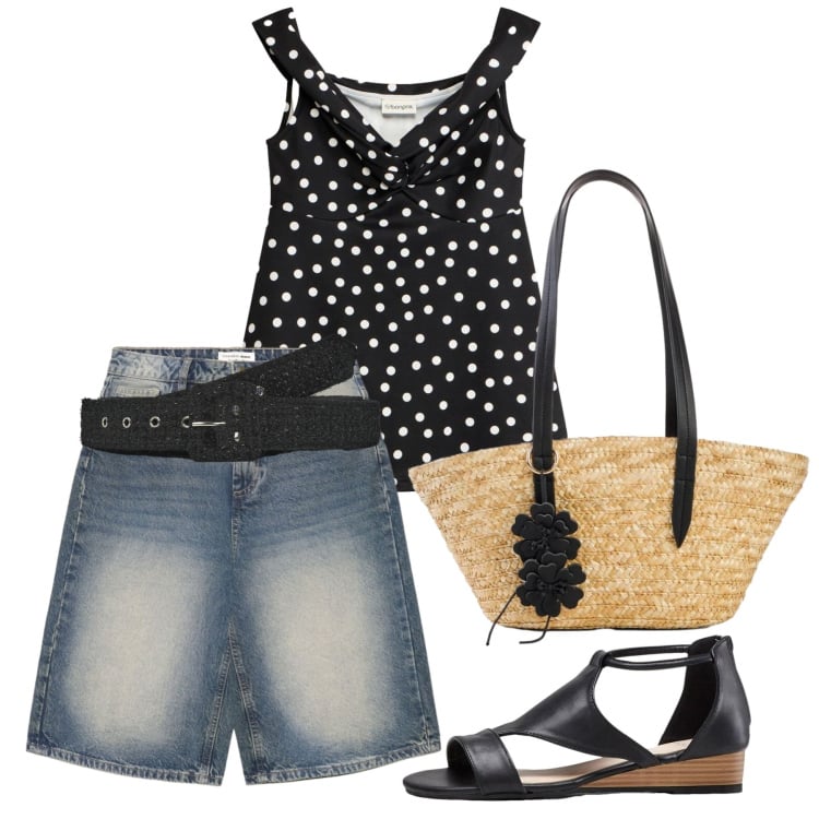 Outfit donna - Giugno. Stile Casual chic per Tutti i giorni. Abbinamento con canottiere, sandali, shopping bag, pantaloni corti, cinture.