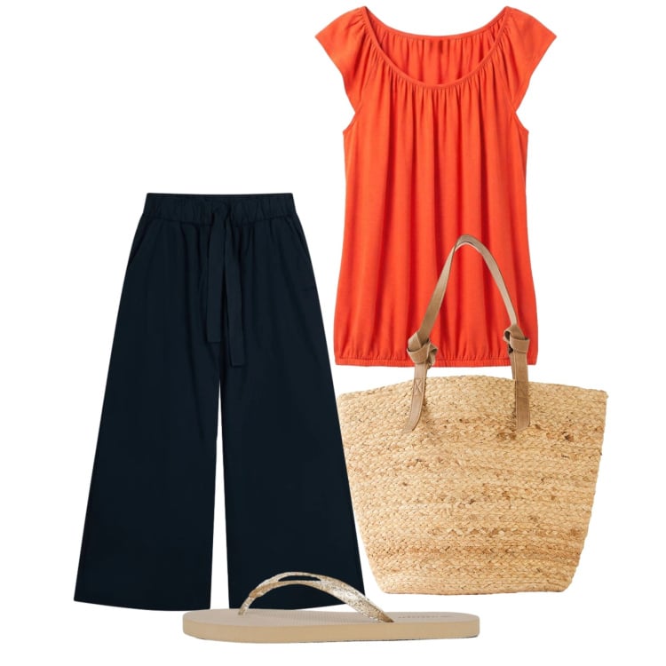 Outfit donna - Giugno. Stile Bon Ton per Tutti i giorni. Abbinamento con top, shopping bag, infradito, pantaloni.