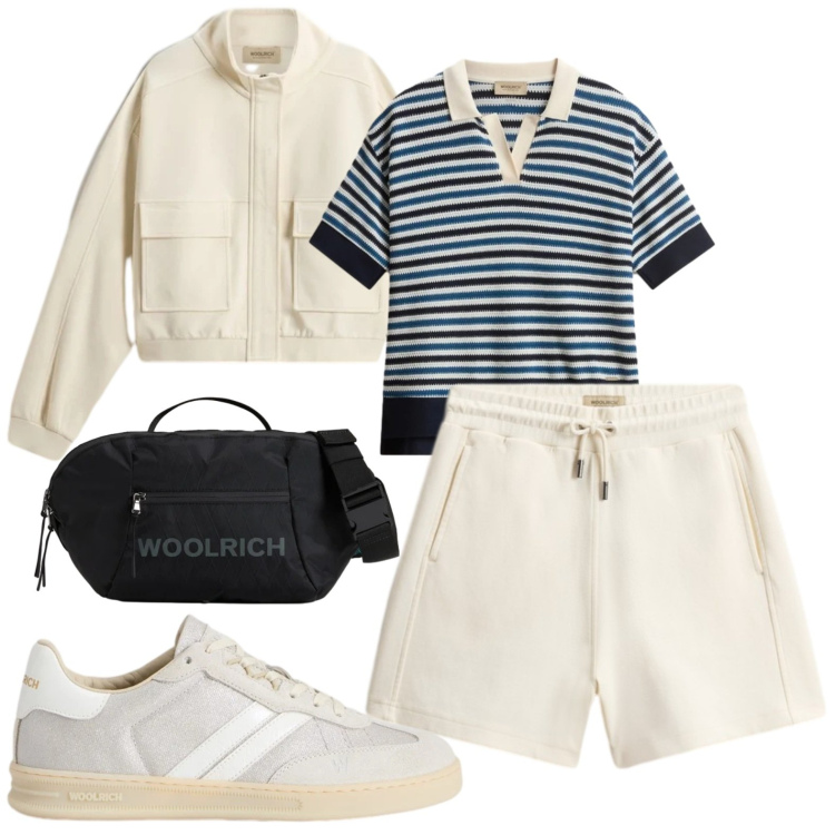 Outfit donna - Sportiva. Stile Casual per Sport. Abbinamento con polo, bomber, sneakers, borse a tracolla, shorts.