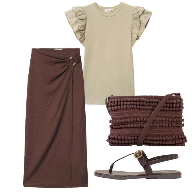 Outfit donna - Giugno. Stile Chic per Tutti i giorni. Abbinamento con borse a tracolla, sandali, gonne lunghe, t-shirt.