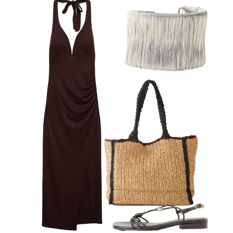 Outfit donna - Giugno. Stile Chic per Serata fuori. Abbinamento con shopping bag, sandali, vestiti lunghi, braccialetti.
