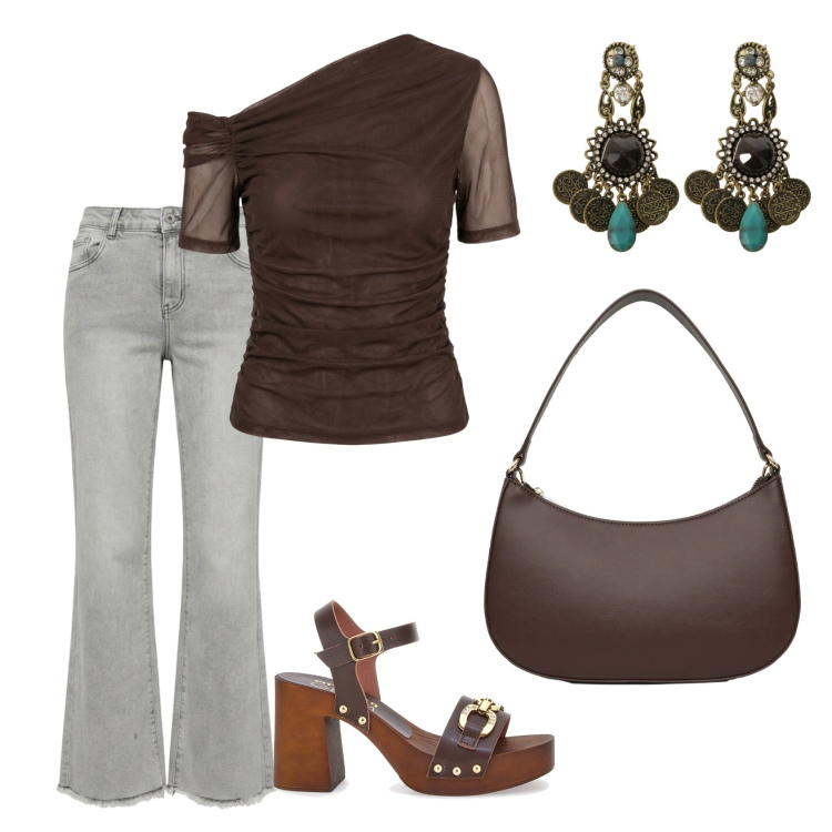 Outfit donna - Total look #2427297. Stile Chic per Ufficio. Abbinamento con borse a tracolla, orecchini, top, jeans a zampa, zoccoli.