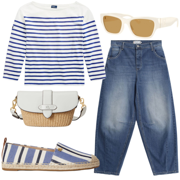 Outfit donna - Sale. Stile Casual per Ufficio. Abbinamento con jeans, t-shirt, borse a spalla, espadrillas, occhiali da sole.
