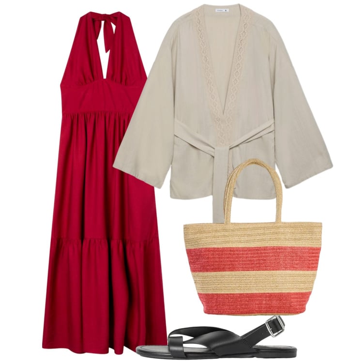 Outfit donna - Giugno. Stile Romantica per Tutti i giorni. Abbinamento con sandali, shopping bag, kimono, vestiti lunghi.