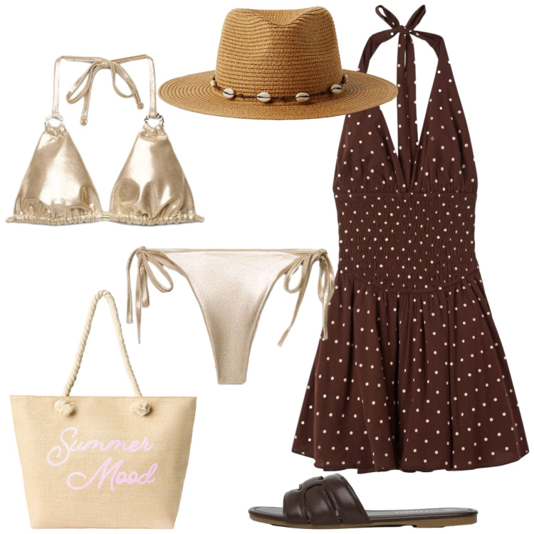 Outfit donna - Terranova Summer. Stile Glamour per Mare. Abbinamento con vestiti corti, cappelli, bikini, bikini, ciabatte, borse tote.