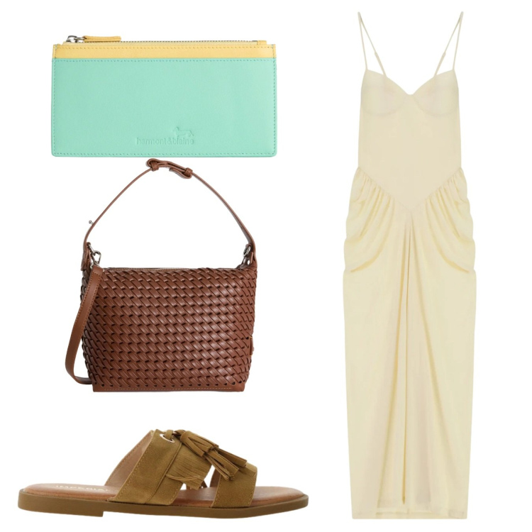 Outfit donna - Total look. Stile Chic per Tutti i giorni. Abbinamento con portafogli, borse a spalla, sandali, vestiti lunghi.