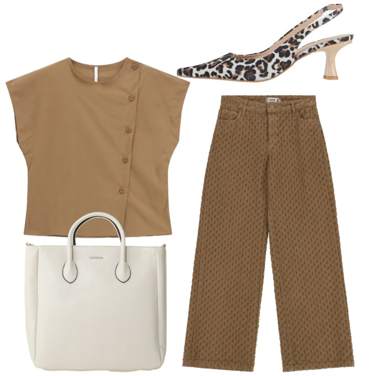 Outfit donna - Total look. Stile Bon Ton per Ufficio. Abbinamento con décolleté, borse a tracolla, camicie a manica corta, pantaloni.