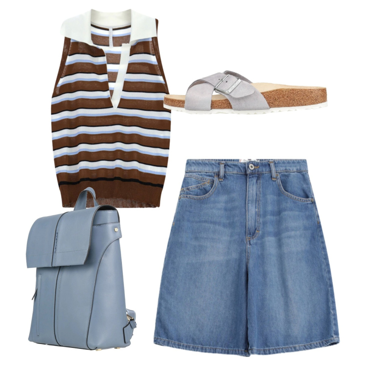 Outfit donna - Total look. Stile Casual per Tutti i giorni. Abbinamento con zaini, sandali in pelle, top, bermuda.