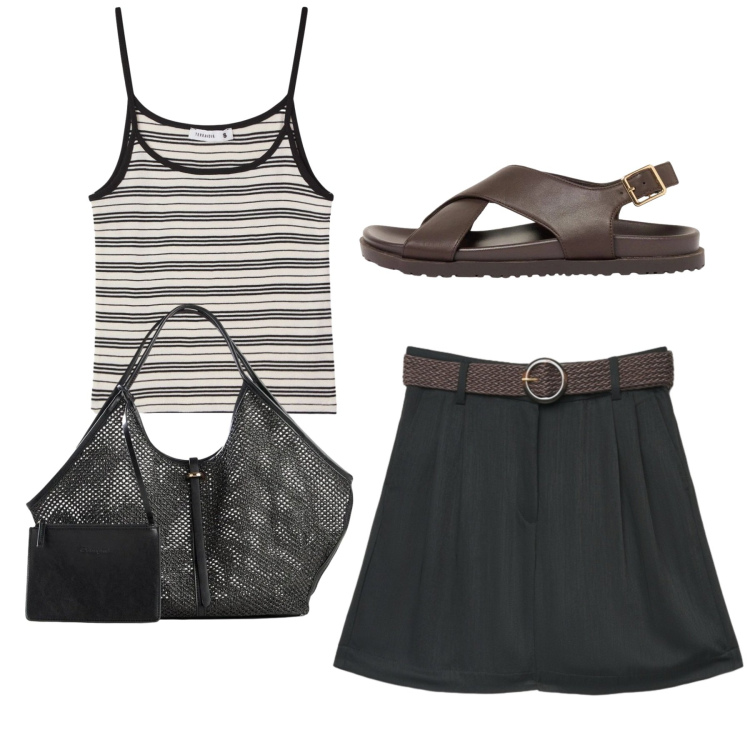Outfit donna - Total look. Stile Bon Ton per Tutti i giorni. Abbinamento con shopping bag, sandali in pelle, canottiere, bermuda.