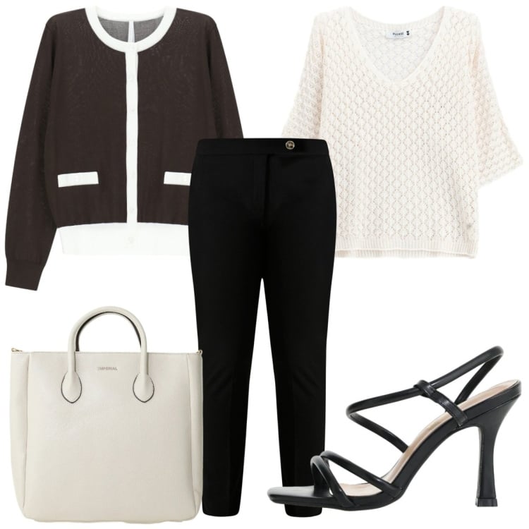 Outfit donna - Eleganza curvy: black & white. Stile Chic per Serata fuori. Abbinamento con pantaloni skinny, borse a tracolla, cardigans, sandali col tacco, canottiere.
