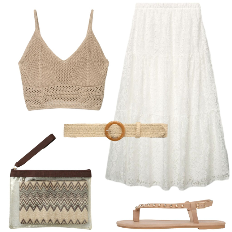 Outfit donna - Summer essential. Stile Boho per Tutti i giorni. Abbinamento con top, pochette, cinture, ciabatte, gonne lunghe.