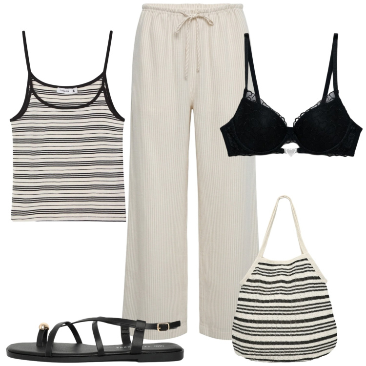 Outfit donna - Terranova l\'essenziale. Stile Casual chic per Tutti i giorni. Abbinamento con pantaloni, canottiere, shopping bag, sandali, reggiseni push-up.