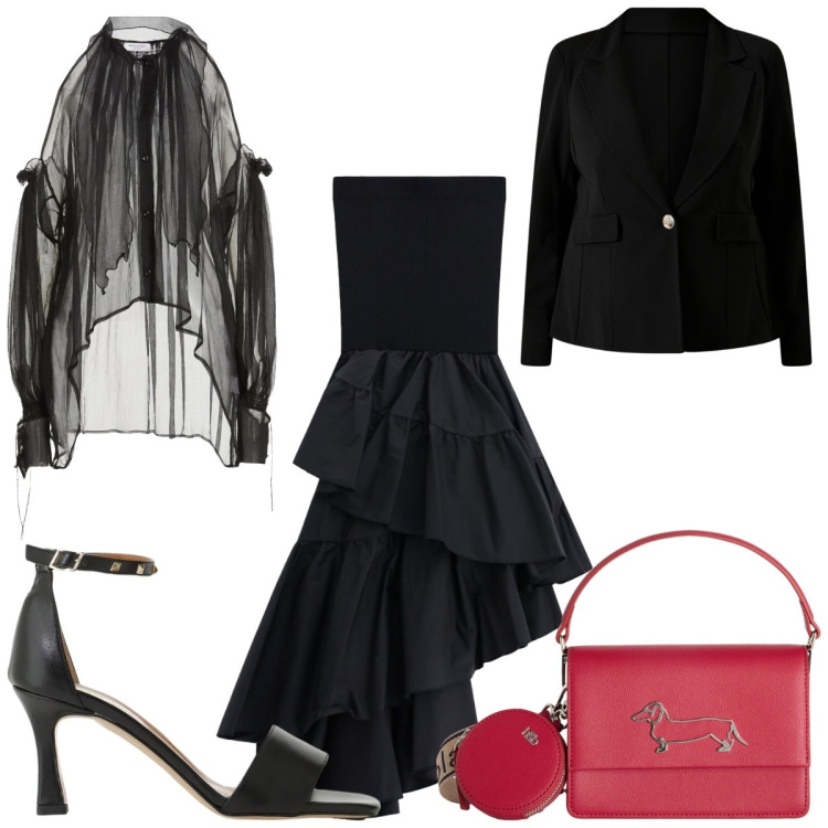 Outfit donna - Eleganza curvy : tu e io. Stile Sexy per Serata fuori. Abbinamento con camicie, borse a tracolla, gonne lunghe, sandali col tacco, blazer.