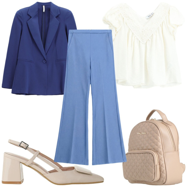 Outfit donna - Eleganza curvy : tra amiche. Stile Chic per Serata fuori. Abbinamento con zaini, pantaloni, blazer, décolleté, bluse.