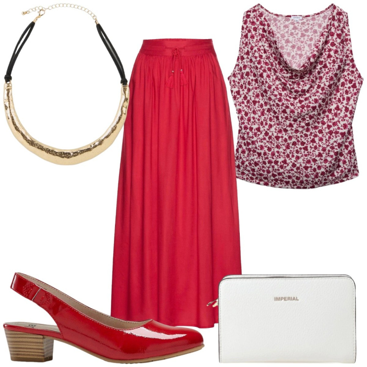 Outfit donna - Eleganza curvy : in rosso. Stile Trendy per Serata fuori. Abbinamento con décolleté, gonne lunghe, collane, top, borse a tracolla.