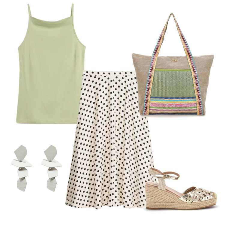 Outfit donna - Total look #2427320. Stile Casual chic per Tutti i giorni. Abbinamento con gonne longuette, top, orecchini, zeppe, shopping bag.