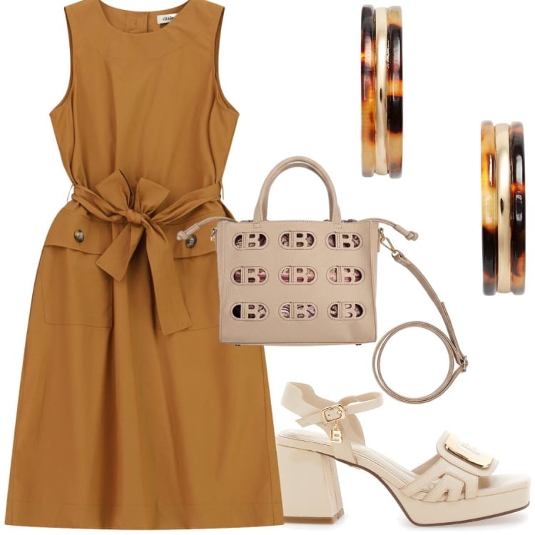 Outfit donna - Lavoro e altro. Stile Chic per Tutti i giorni. Abbinamento con vestiti senza maniche, orecchini, sandali col tacco, borse a mano.