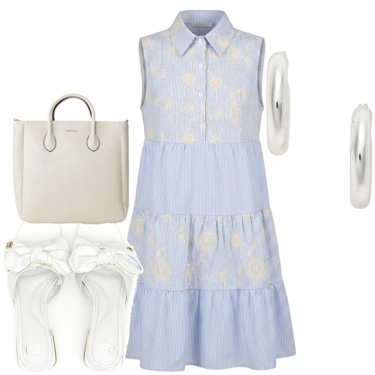 Outfit donna - Il vestito versatile. Stile Chic per Tutti i giorni. Abbinamento con orecchini, vestiti corti, borse a tracolla, ciabatte.