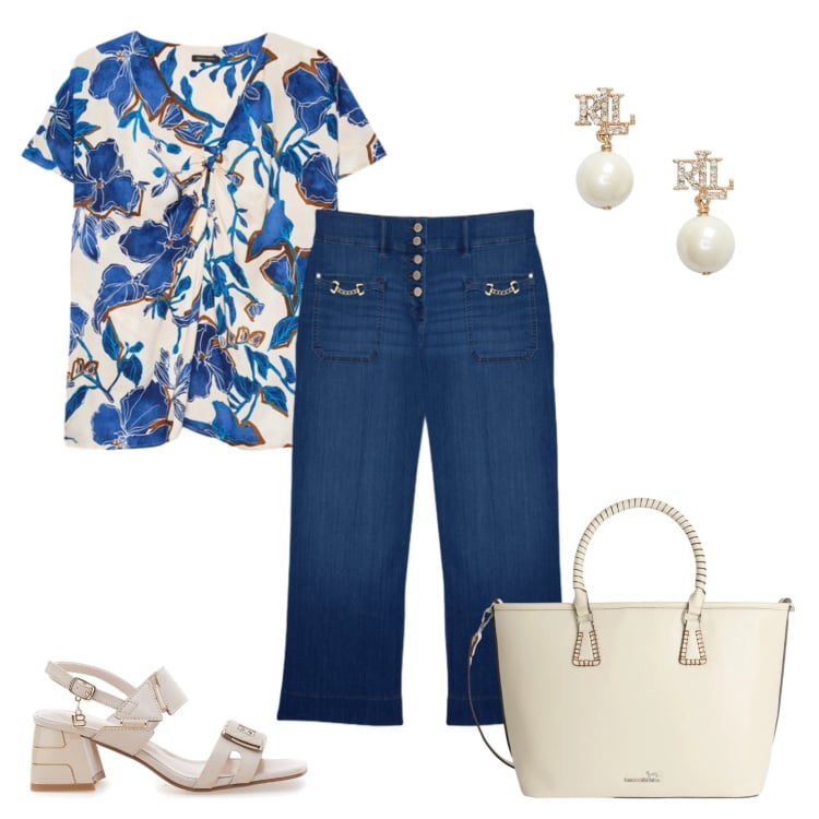 Outfit donna - Total look #2427325. Stile Casual chic per Ufficio. Abbinamento con shopping bag, jeans, bluse, orecchini, sandali col tacco.
