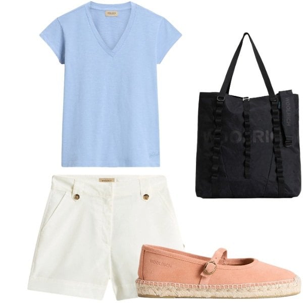 Outfit donna - casual. Stile Basic per Tutti i giorni. Abbinamento con borse tote, pantaloni corti, espadrillas, t-shirt.