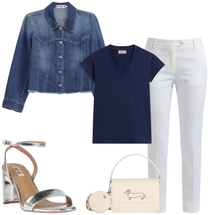 Outfit donna - Total look #2427334. Stile Casual chic per Serata fuori. Abbinamento con sandali in pelle, borse a tracolla, pantaloni, blazer, t-shirt.