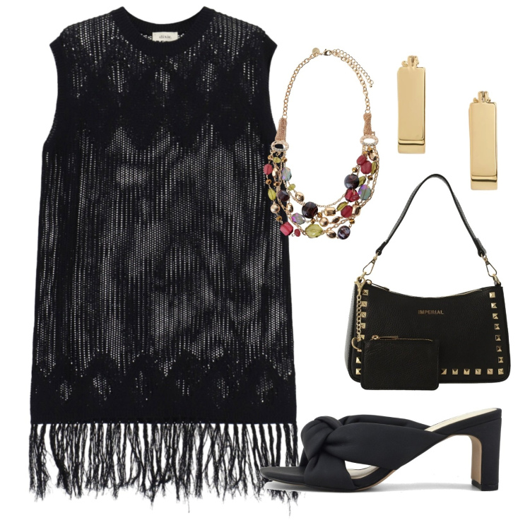 Outfit donna - Vestito crochet. Stile Trendy per Serata fuori. Abbinamento con vestiti corti, collane, borse a spalla, orecchini, sandali col tacco.