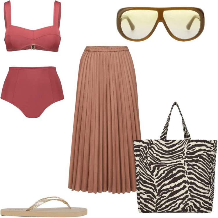 Outfit donna - Estate in stile naturale bikini retro. Stile Vintage retrò per Tutti i giorni. Abbinamento con infradito, shopping bag, occhiali da sole, minigonne, bikini.