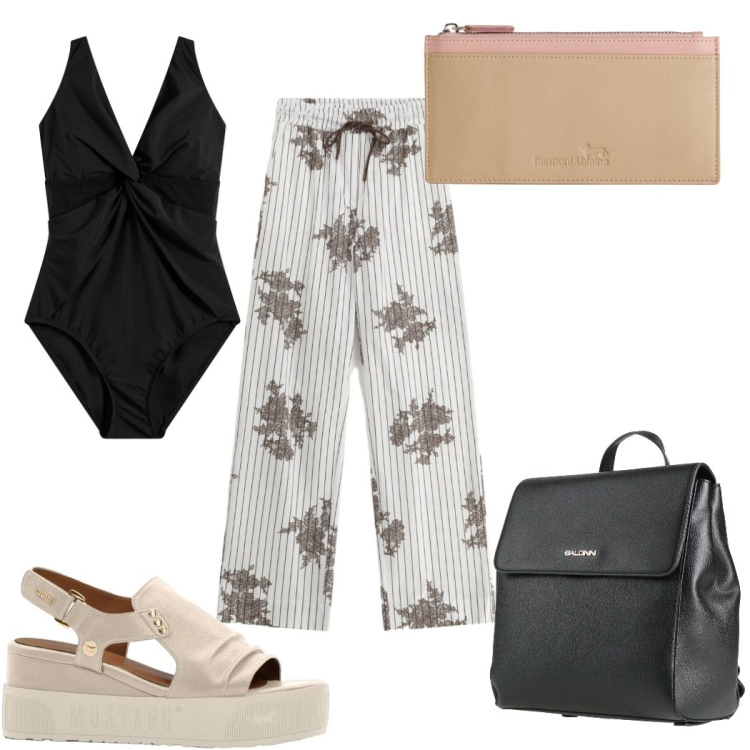 Outfit donna - Total look #2427338. Stile Trendy per Mare. Abbinamento con zaini, costumi interi, sandali, pantaloni a palazzo, portafogli.