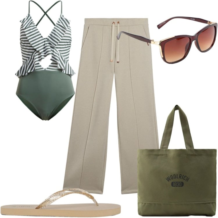 Outfit donna - Estate in stile naturale - colori neutri. Stile Trendy per Mare. Abbinamento con costumi interi, occhiali da sole, infradito, pantaloni, borse tote.
