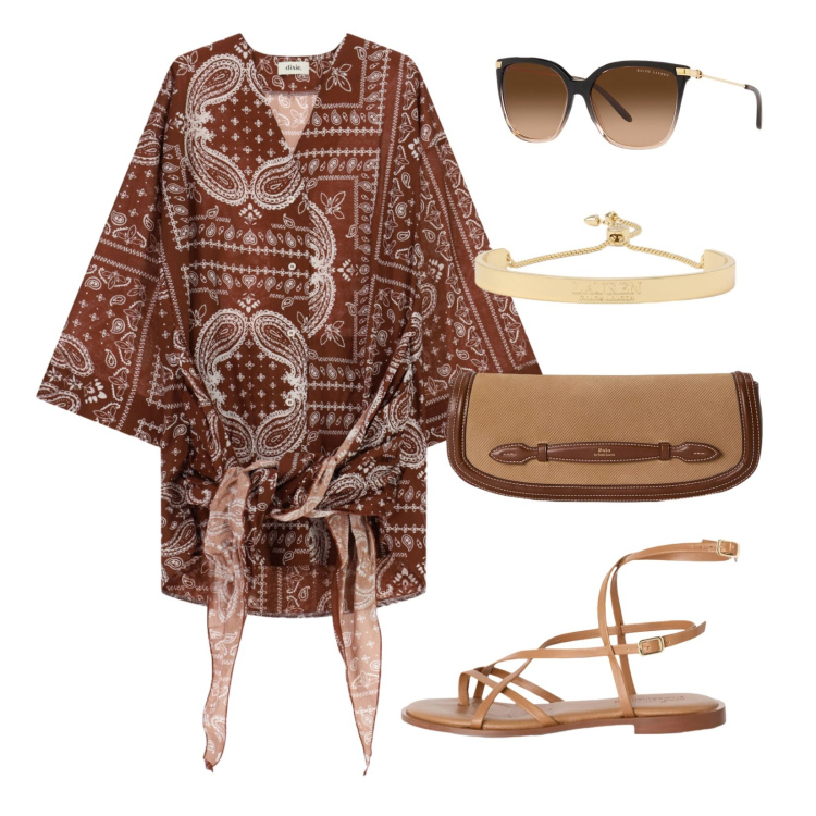 Outfit donna - Abito leggero. Stile Trendy per Tutti i giorni. Abbinamento con sandali in pelle, vestiti corti, clutch, braccialetti, occhiali da sole.