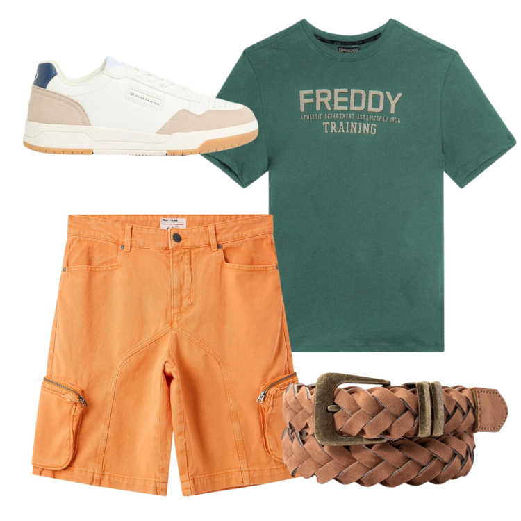 Outfit uomo - Terra & Bosco. Stile Trendy per Serata speciale. Abbinamento con sneakers, pantaloni corti, t-shirt, cinture.