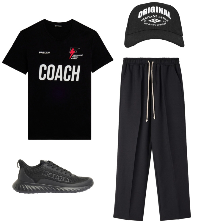 Outfit uomo - Coach Mode. Stile Casual per Sport. Abbinamento con sneakers, pantaloni, cappelli con visiera, t-shirt.