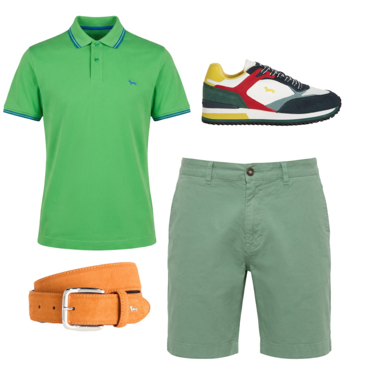 Outfit uomo - Green Energy. Stile Casual per Serata speciale. Abbinamento con sneakers, cinture, bermuda, polo.