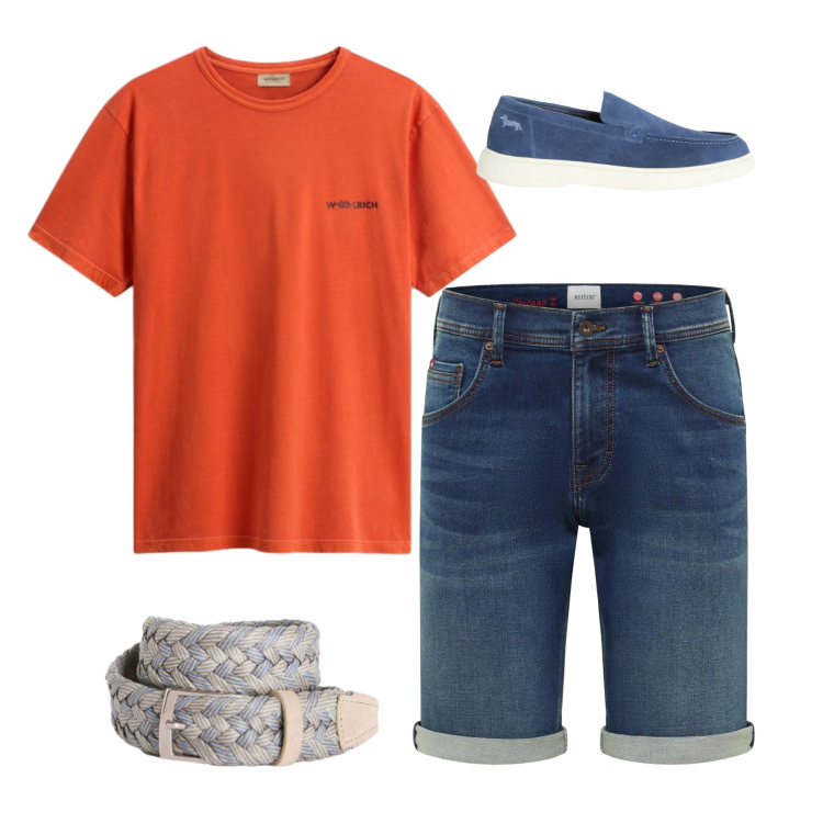 Outfit uomo - Sunset Denim. Stile Casual per Ufficio. Abbinamento con bermuda, cinture, scarpe stringate, t-shirt.