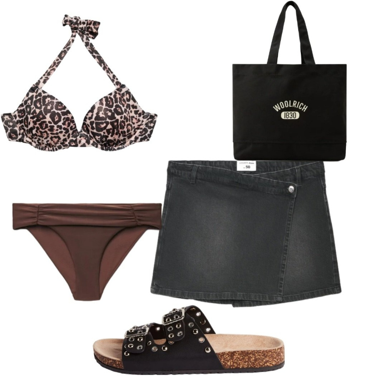 Outfit donna - Estate in stile naturale - comoda. Stile Trendy per Mare. Abbinamento con gonne, ciabatte, bikini, bikini, borse tote.