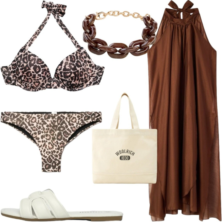 Outfit donna - Estate in stile naturale - animalier. Stile Etnico per Mare. Abbinamento con braccialetti, bikini, bikini, vestiti lunghi, ciabatte, borse tote.