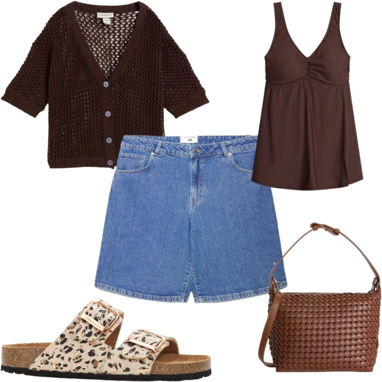 Outfit donna - Estate in stile naturale : mare e città. Stile Trendy per Mare. Abbinamento con ciabatte, cardigans, vestiti da spiaggia, bermuda, borse a spalla.