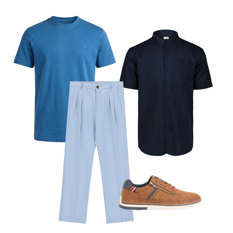 Outfit uomo - Eleganza Estiva in Blu. Stile Business/Elegante per Ufficio. Abbinamento con sneakers, t-shirt, camicie a manica corta, pantaloni.