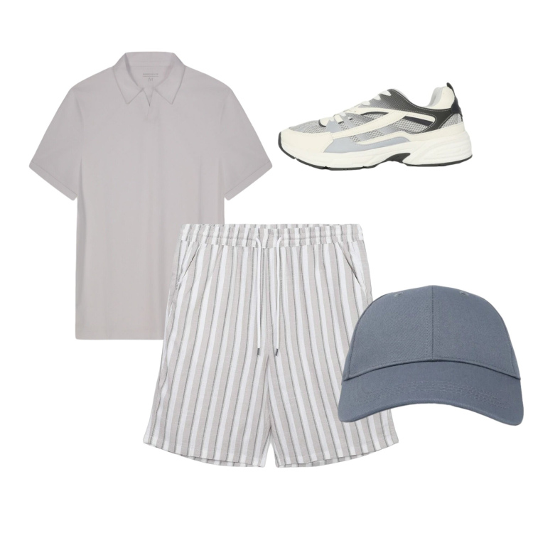 Outfit uomo - Minimal Summer Stripes. Stile Urban per Tutti i giorni. Abbinamento con pantaloni corti, sneakers, cappelli con visiera, polo.