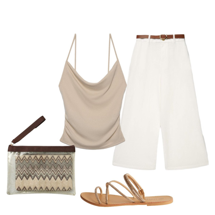Outfit donna - Total look #2427357. Stile Minimal per Tutti i giorni. Abbinamento con canottiere, pantaloni a palazzo, pochette, sandali.