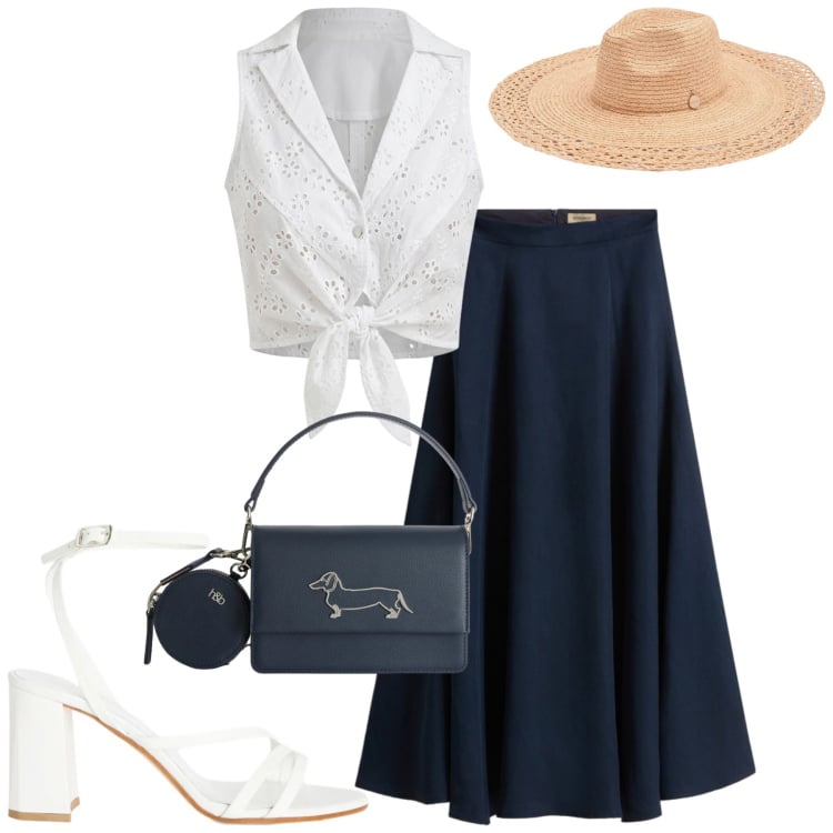 Outfit donna - Summer. Stile Casual chic per Tutti i giorni. Abbinamento con sandali in pelle, borse a tracolla, cappelli, top, gonne lunghe.