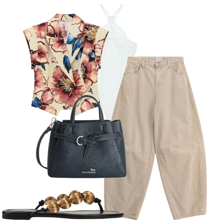 Outfit donna - Total look #2427359. Stile Casual chic per Tutti i giorni. Abbinamento con ciabatte, borse a mano, jeans, gilet, top.