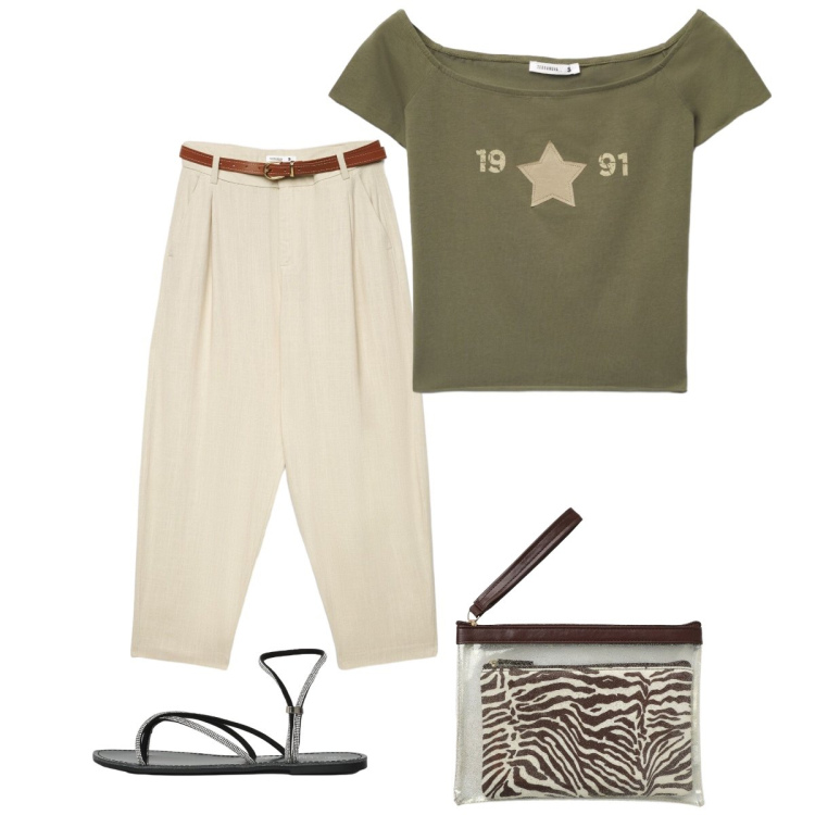 Outfit donna - Total look #2427360. Stile Casual chic per Tutti i giorni. Abbinamento con pantaloni chino, t-shirt, pochette, sandali.