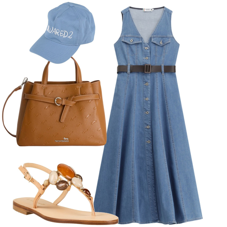 Outfit donna - Summer. Stile Casual chic per Tutti i giorni. Abbinamento con infradito, cappelli con visiera, borse a mano, vestiti midi/longuette.