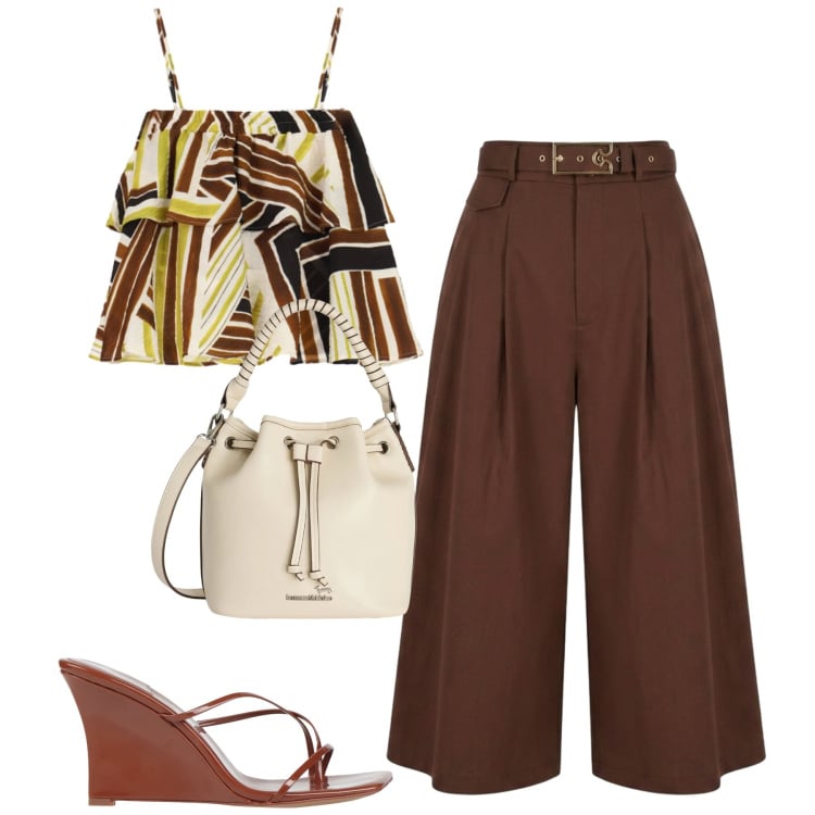 Outfit donna - City. Stile Urban per Tutti i giorni. Abbinamento con ciabatte, borse a secchiello, pantaloni capri, top.